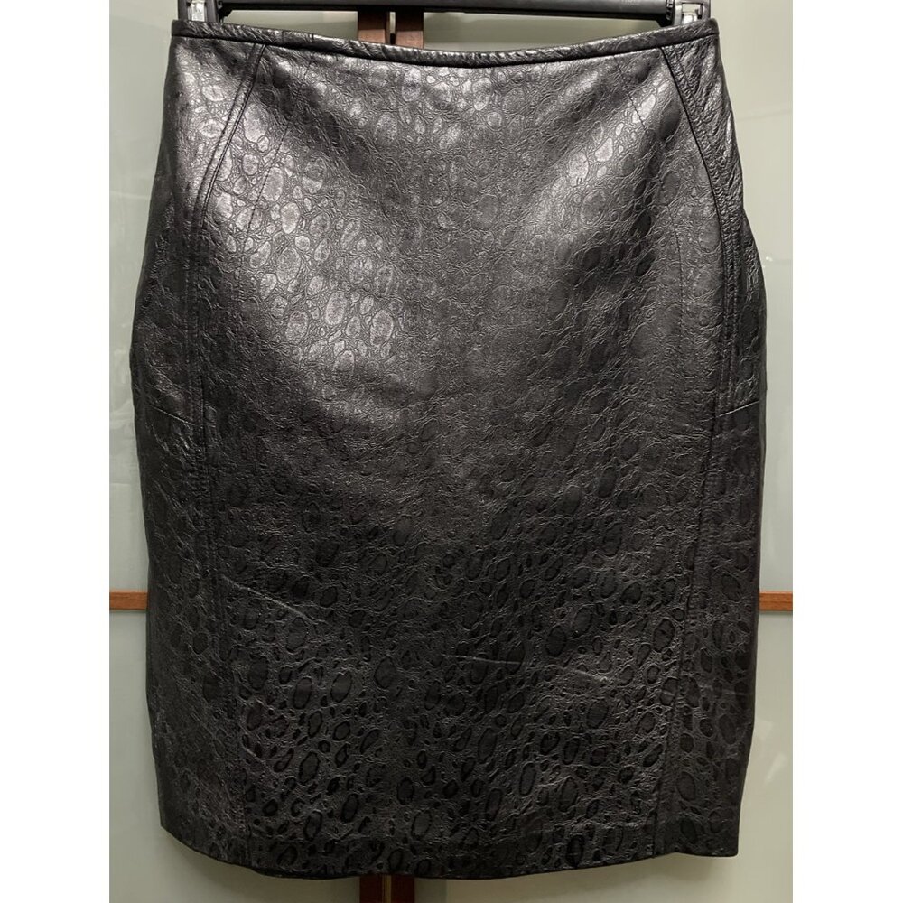Designer Leather Black Alligator Croc Embossed Vintage 80s Pencil Skirt Size 28
